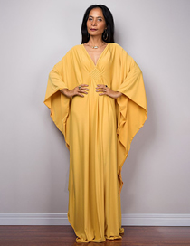 Fashion Yellow Blend V-neck Doll Sleeve Swimsuit Cover-up