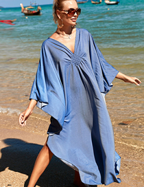 Fashion Denim Color Blend V-neck Doll Sleeve Swimsuit Cover-up