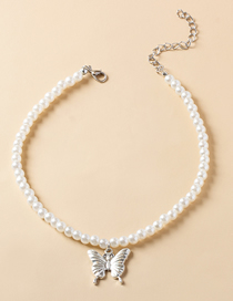 Fashion White Alloy Pearl Beaded Butterfly Necklace