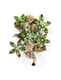 Fashion Ancient Gold Green Alloy Diamond Leaf Brooch