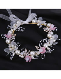 Fashion Pink Geometric Pearl Flower Braided Headband