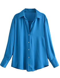 Fashion Blue Satin V-neck Lapel Shirt