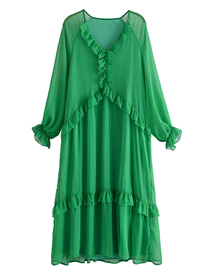 Fashion Green Chiffon Lace V-neck Tiered Dress