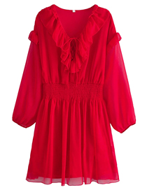 Fashion Red Chiffon Waist Lace Dress