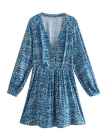 Fashion Blue Printed V-neck Dress