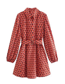 Fashion Red Printed Belted Lapel Dress