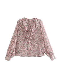 Fashion Pink Printed V-neck Lace Shirt