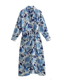 Fashion Blue Printed V-bow Tie Slit Dress