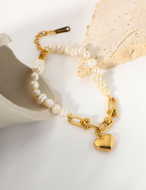 Fashion Gold Color Titanium Steel Gold Plated Pearl Stitching Chain Heart Bracelet