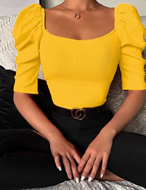 Fashion Yellow Square Neck Puff Sleeve Short Sleeve Top