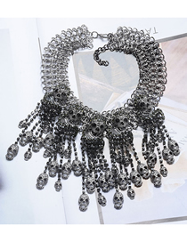 Fashion Silver Alloy Diamond Skull Tassel Necklace
