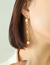 Fashion Gold Titanium Steel Geometric Fringe Pearl Drop Earrings