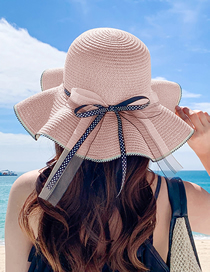 Fashion Pink Polka Dot Straw Hat Big Brim Polka Dot Bow Ribbon Sun Hat