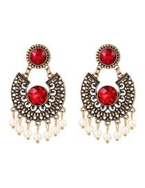 Fashion Red Alloy Diamond Pattern Tassel Pearl Stud Earrings