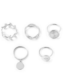 Fashion Silver Metal Leaf Disc Geometric Ring Set