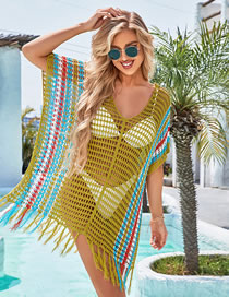 Fashion Green (zs1776-15) Contrast Knit Fringe Cutout Swimsuit Cover-up