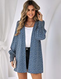 Fashion Blue Polyester Leopard Print Balloon Sleeve Cardigan Jacket
