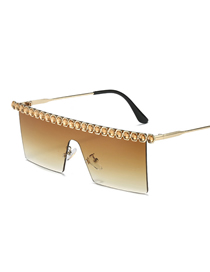 Fashion Gradient Tea Slices Metal Diamond Square Sunglasses