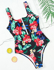 Fashion Black Flowers Polyester Print Zip-up Swimsuit