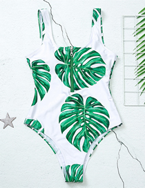 Fashion Green Zipper Polyester Print Zip-up Swimsuit