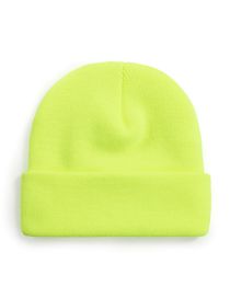 Fashion 124 Internal Fluorescent Yellow Solid Color Wool Knit Rollover Hat