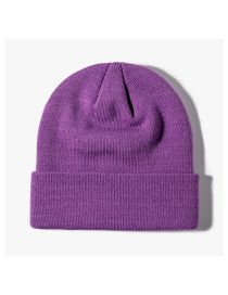 Fashion Inner Purple Solid Knit Rollover Hat