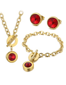 Fashion Gold-red Titanium Round Diamond Necklace Bracelet Stud Earrings Set