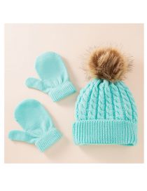 Fashion Blue Two-piece Wool Knitted Wool Ball Hood All-inclusive Glove Set