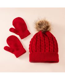 Fashion Red Two Piece Set Wool Knitted Wool Ball Hood All-inclusive Glove Set