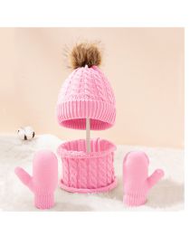 Fashion Pink Three-piece Suit Knitted Wool Ball Hooded Hat Scarf All-inclusive Gloves Set