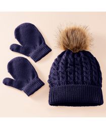 Fashion Navy Blue Two Piece Set Wool Knitted Wool Ball Hood All-inclusive Glove Set