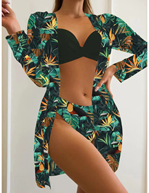 Fashion Black Shirt + Green Leaf Toucan Polyester Printed Split Swimsuit Three Piece Set