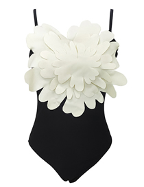 Fashion White Flower On Black Polyester Lace Sling One-piece Swimsuit