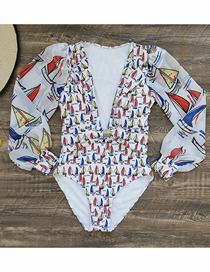 Fashion Red And Blue Sails On White Polyester Print V-neck Puff Sleeve One Piece Swimsuit
