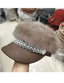 Fashion Mocha Rabbit Fur Diamond Plush Panel Flat Top Cap