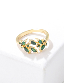 Fashion Green Leaves Vermiculite Ring Copper Set Zirconium Geometric Leaf Ring
