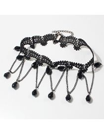 Fashion Black Crystal Beaded Fringe Lace Necklace