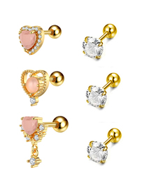 Fashion Gold Set (3 Sets) Titanium Diamond Heart Piercing Stud Earrings