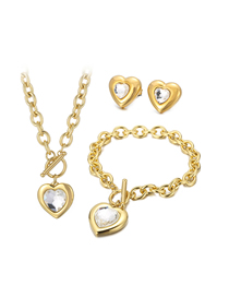 Fashion White-gold Titanium Steel Heart Crystal Necklace Bracelet Stud Earrings Set