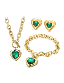 Fashion Green-gold Titanium Steel Heart Crystal Necklace Bracelet Stud Earrings Set