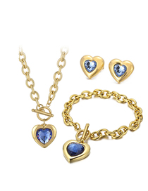 Fashion Blue-gold Titanium Steel Heart Crystal Necklace Bracelet Stud Earrings Set