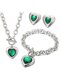 Fashion Green-silver Titanium Steel Heart Crystal Necklace Bracelet Stud Earrings Set
