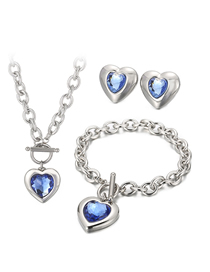 Fashion Blue-silver Titanium Steel Heart Crystal Necklace Bracelet Stud Earrings Set