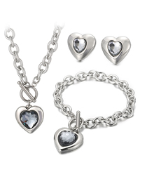 Fashion Grey-silver Titanium Steel Heart Crystal Necklace Bracelet Stud Earrings Set