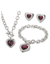 Fashion Fuchsia-silver-2 Titanium Steel Heart Crystal Necklace Bracelet Stud Earrings Set
