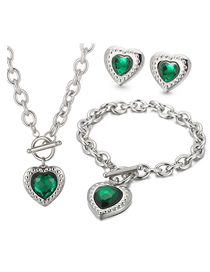 Fashion Green-silver-2 Titanium Steel Heart Crystal Necklace Bracelet Stud Earrings Set