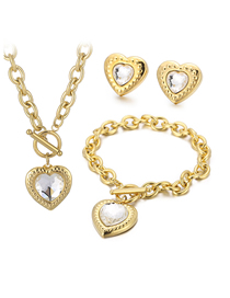 Fashion White-gold-2 Titanium Steel Heart Crystal Necklace Bracelet Stud Earrings Set