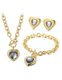 Fashion Grey-gold-2 Titanium Steel Heart Crystal Necklace Bracelet Stud Earrings Set