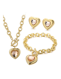 Fashion Champagne-gold-2 Titanium Steel Heart Crystal Necklace Bracelet Stud Earrings Set