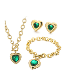 Fashion Green-gold-2 Titanium Steel Heart Crystal Necklace Bracelet Stud Earrings Set
